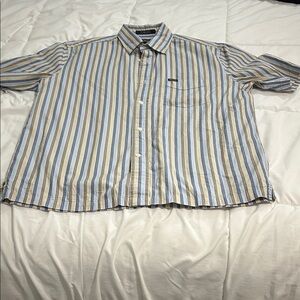 Faconnable Blue & Beige Striped Short-Sleeve Button-Down Shirt